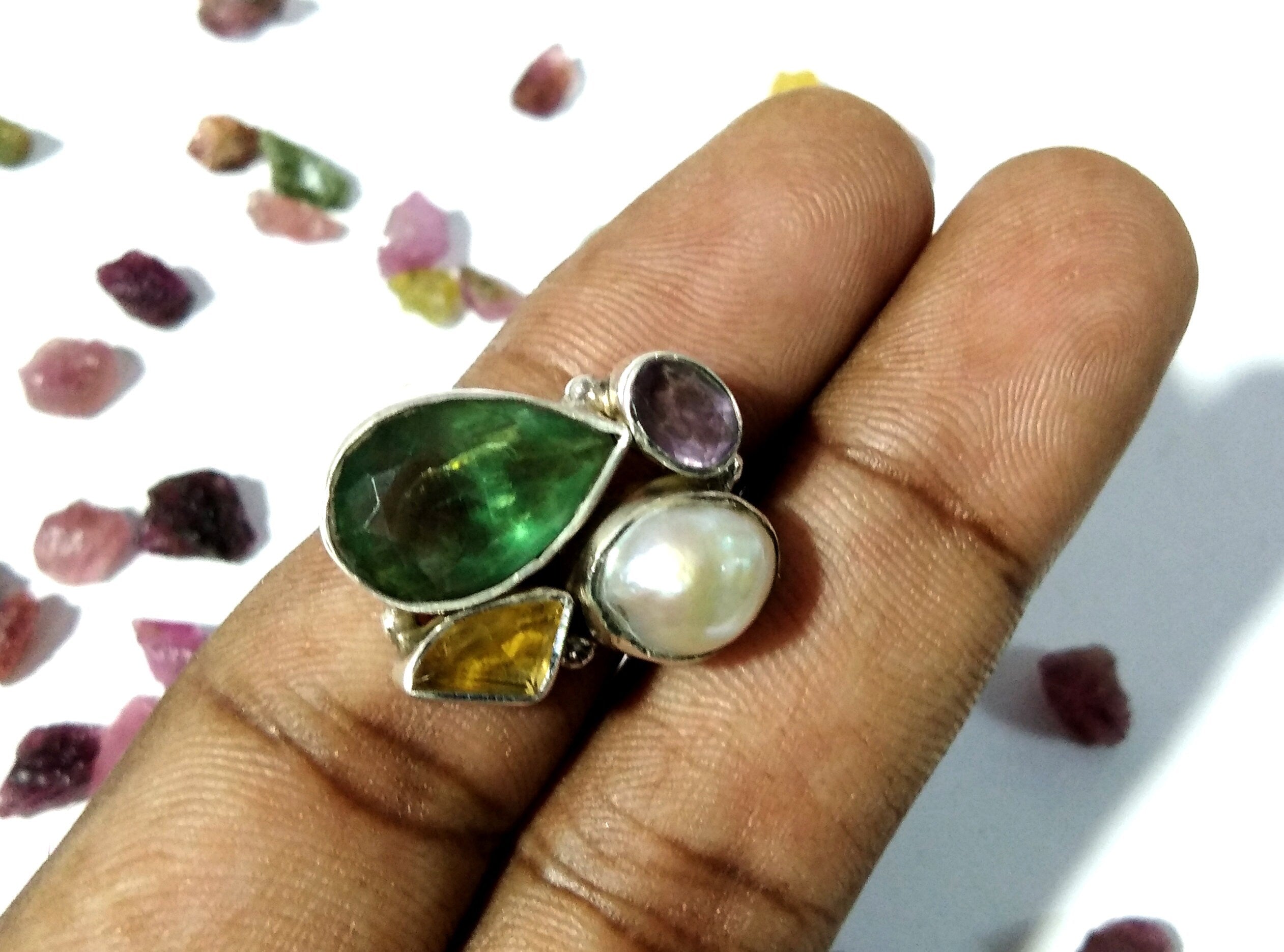 Fluorite, Citrine, Amethyst & Pearl Gemstone Ring, Very Beautiful Handmade Making Rings, ALL Natural Gemstone With 925 Starling Silver Ring